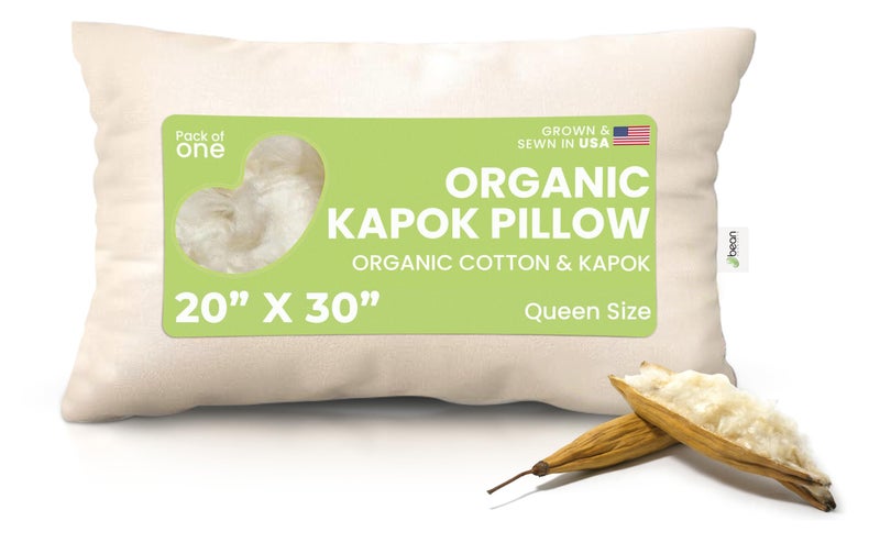 Bean Products Kapok 20" x 30" Queen Pillow - Breathable, Eco-Friendly and Durable Organic Cotton Fabric Bed Pillow - Soft and Supportive Pillow for Sleeping, Made in The USA - Image 1